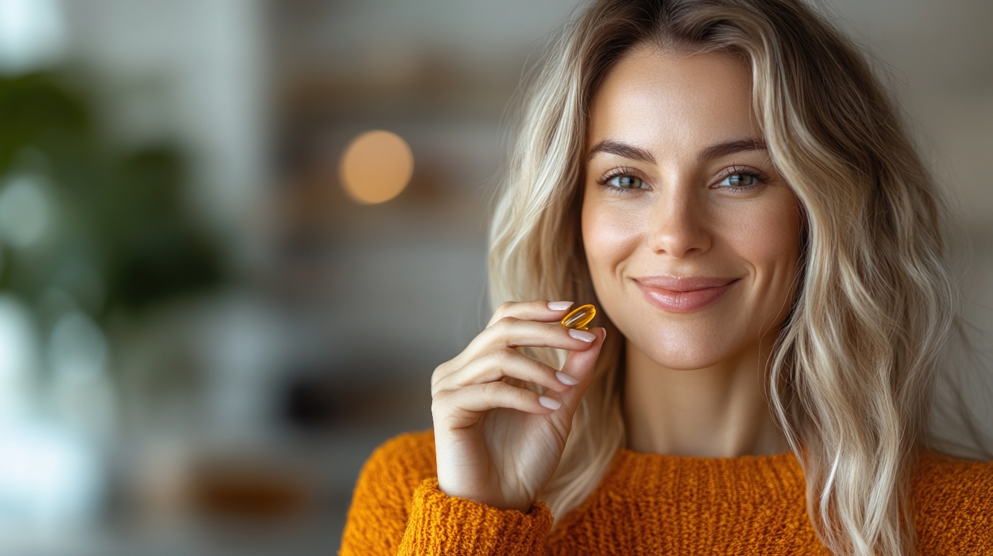 donna bionda e sorridente con maglione arancione che tiene in mano integratori di omega-3