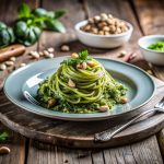 Pesto di cavolo nero: la ricetta sana e facile per condire la tua pasta 1 su tavolo di legno tagliere con piatto azzurro e pasta con pesto di cavolo nero con frutta secca e una forchetta sulla desta. In fondo erbe aromatiche