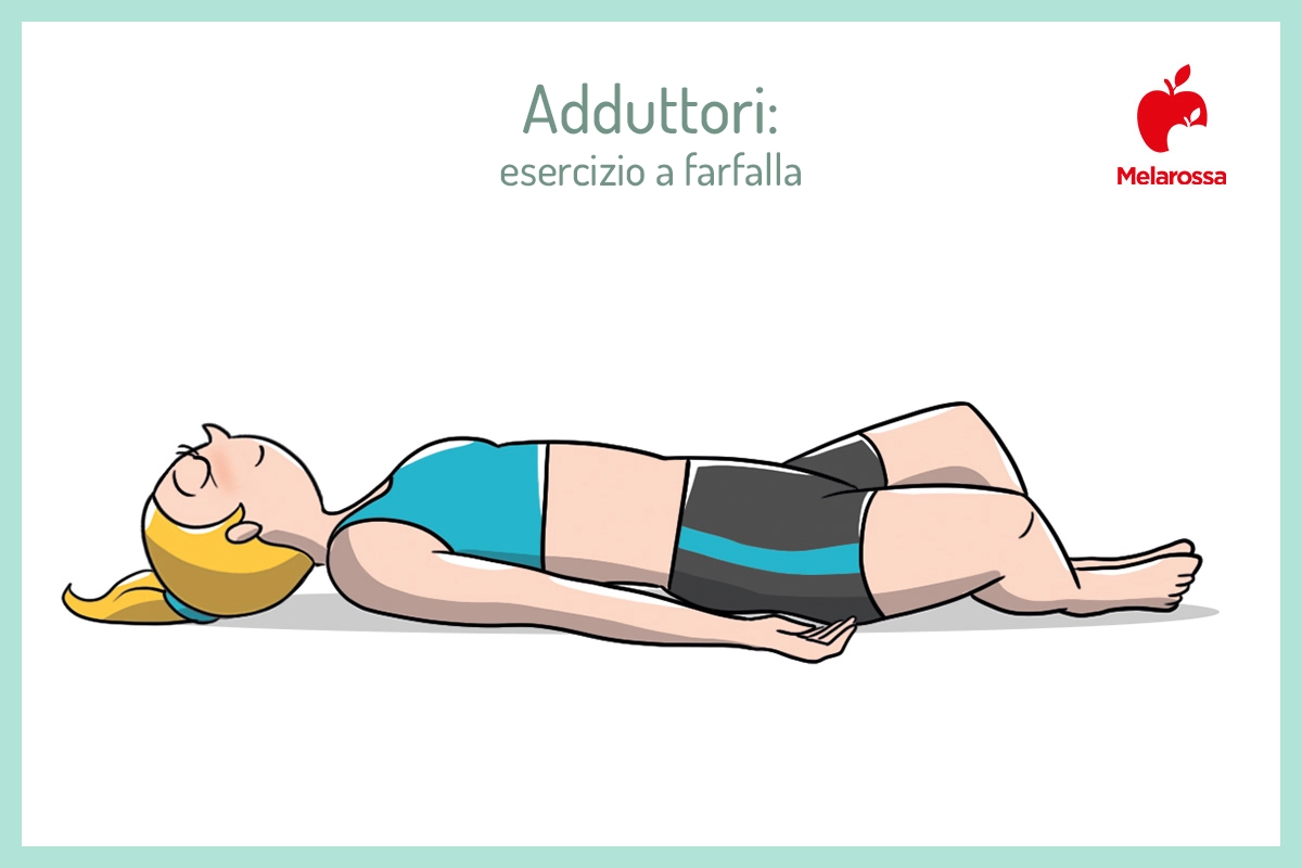 Stretching gambe: i migliori esercizi per allungare ischio crurali, adduttori e quadricipiti 4 Illustrazione di una donna schiena a terra che esegue l'esercizio della farfalla per allungare i muscoli adduttori