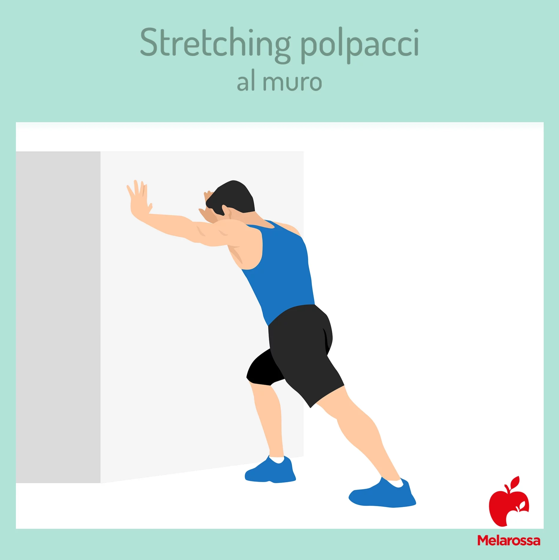 Stretching gambe: i migliori esercizi per allungare ischio crurali, adduttori e quadricipiti 3 illustrazione con un uomo che pratica stretching gambe al muro per allungare i polpacci