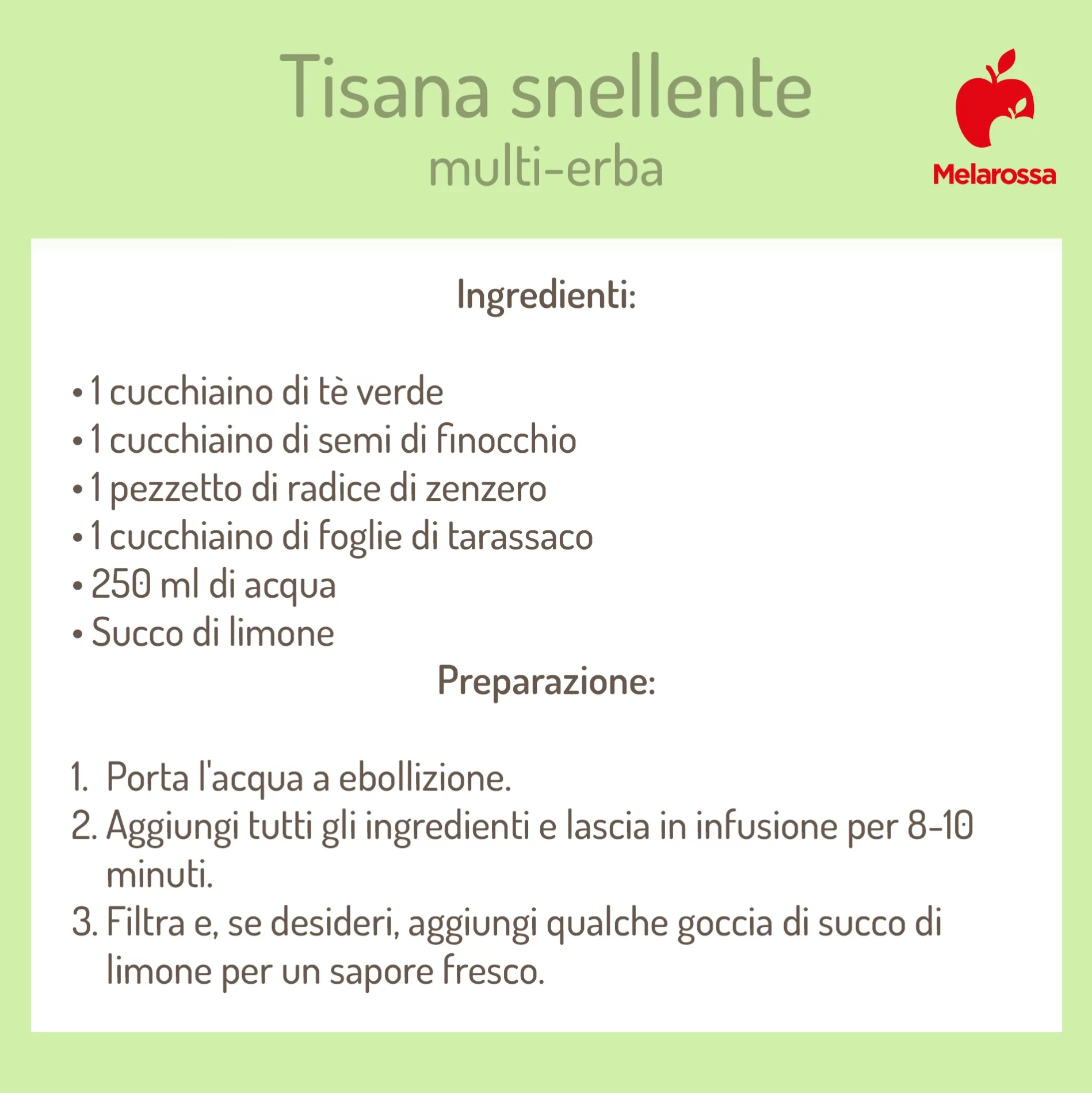 Tisane dimagranti: elenco, benefici e quante berne al giorno per favorire il dimagrimento 1 Grafica con ricette di tisane dimagranti da preparare in casa con diversi tipi di erba. elenco ingredienti e come prepararla