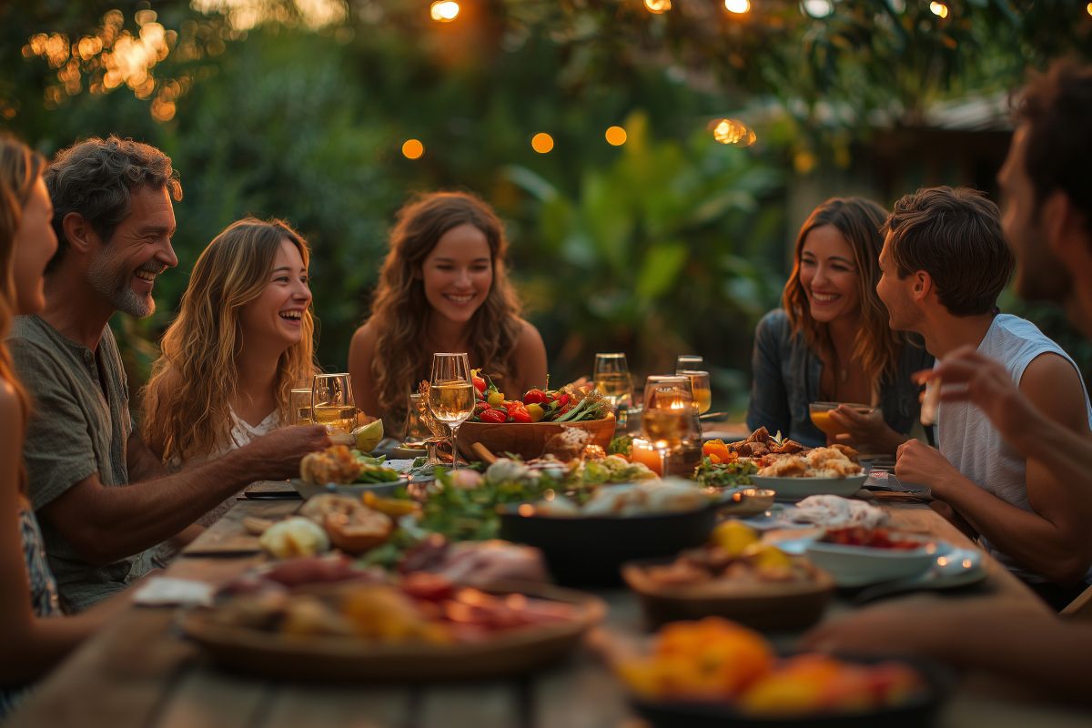 Cheat day: cosa sapere sul giorno libero a dieta 3 una tavolata di amici davanti a una tavola imbandita