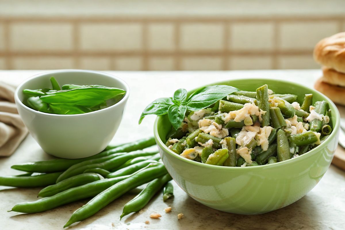 su tavolo da cucina, ciotola verde con fagiolini lessi e parmigiano, accanto un'altra ciottola con basilico e a destra fette di pizza