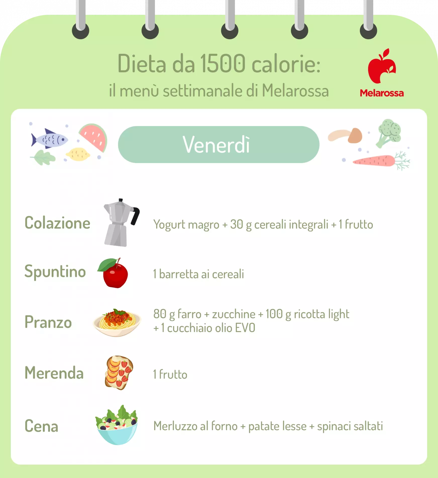 Dieta 1500 calorie: menù settimanale, benefici e come funziona 5 dieta 1500 calorie: grafica sul menù settimanale, venerdì