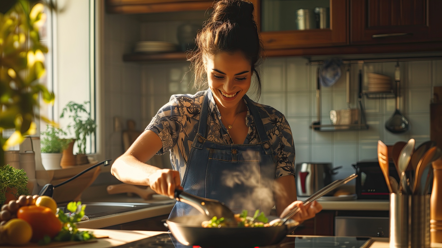 Donna in cucina sorridente che sta preparando la cena