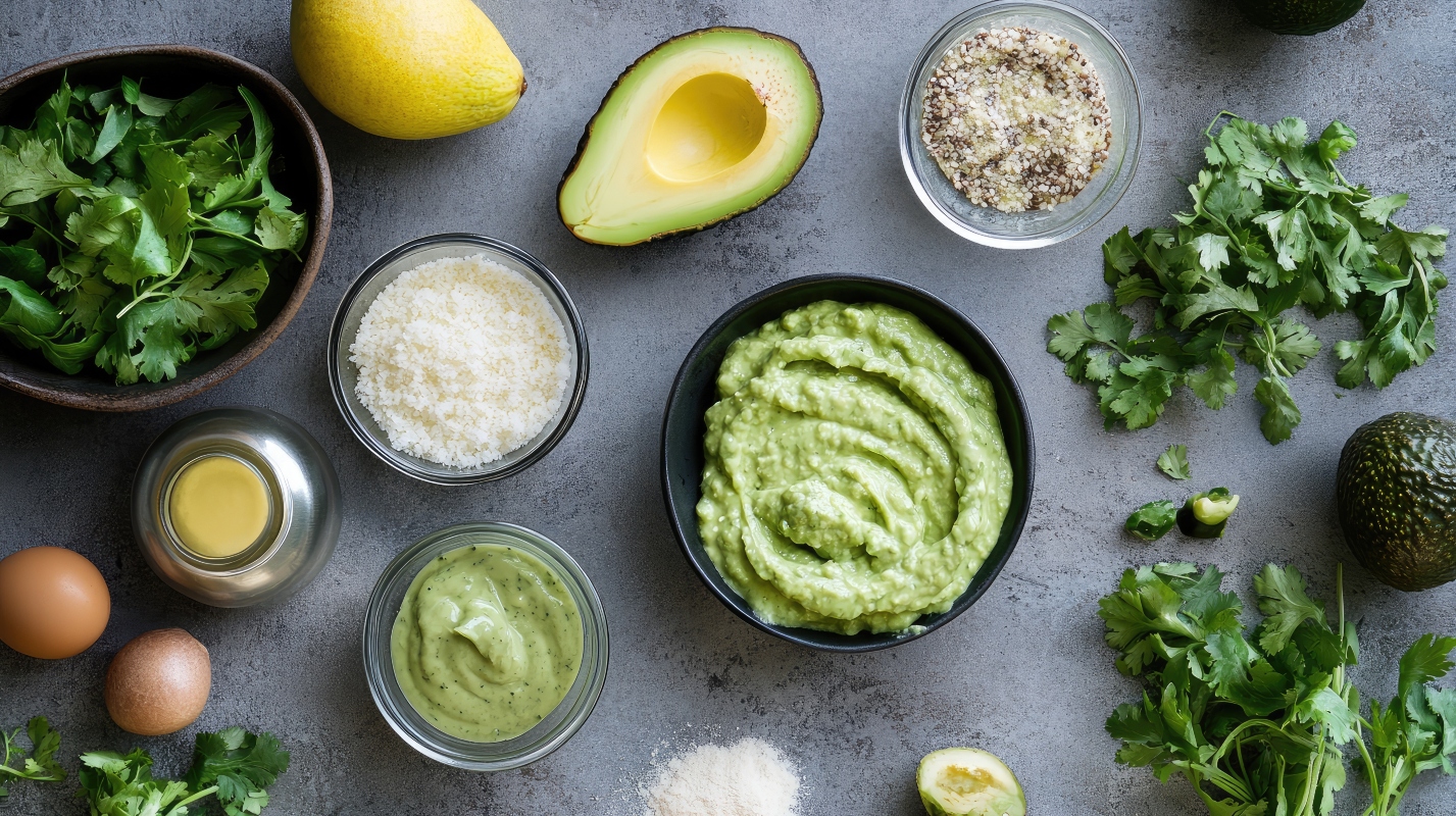 su tavolo di marmo, ciotola con la maionese di avovado e attorno tutti ingredienti limone, avocado tagliato in 2 limone, sale, erbe aromatiche
