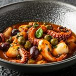 Polpo alla Luciana: un secondo piatto napoletano 1 su tavolo nero ciotola con polpo alla luciana con pomodori olive e erbe aromatiche