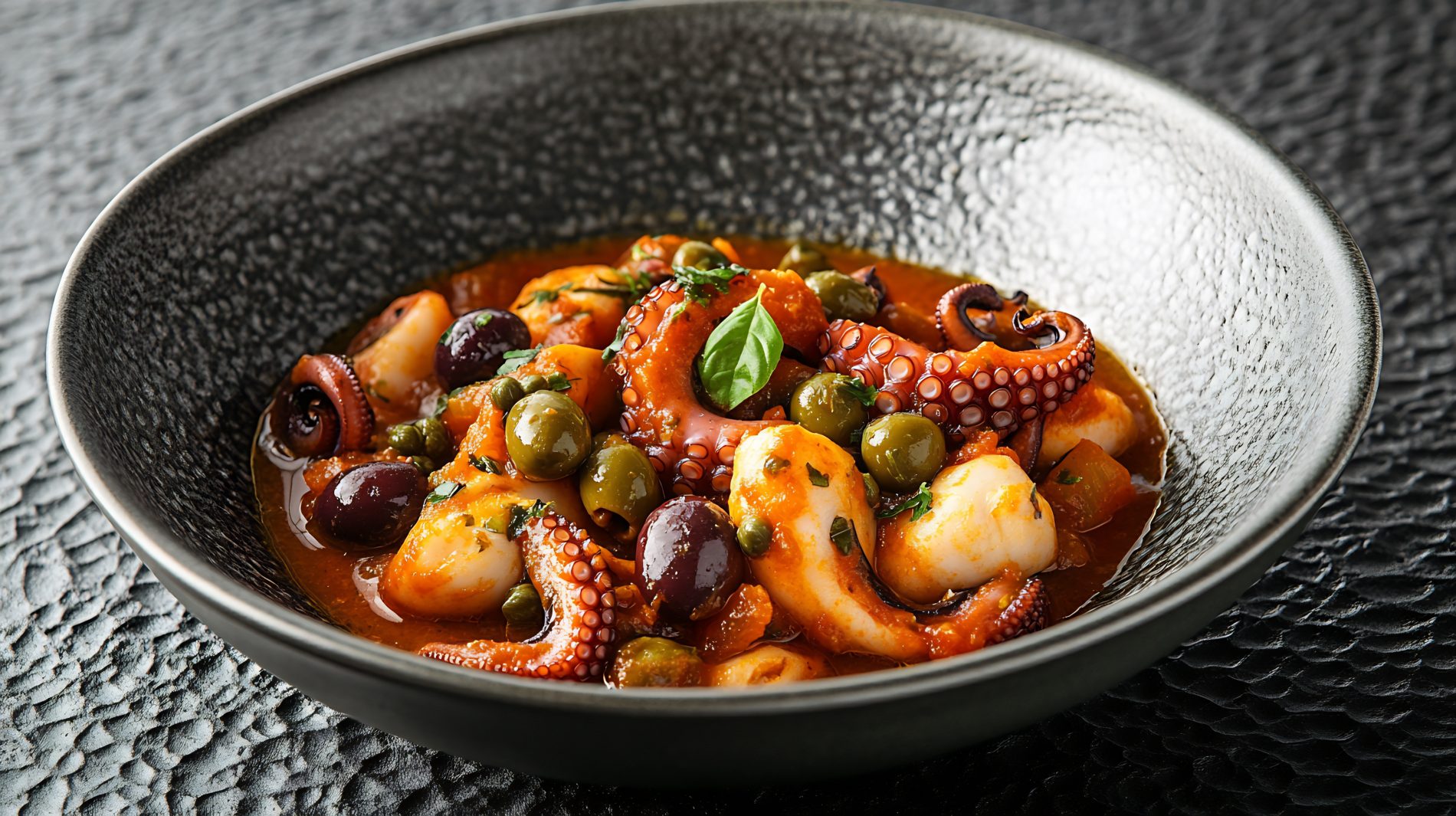 su tavolo nero ciotola con polpo alla luciana con pomodori olive e erbe aromatiche