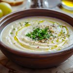 Ajo blanco da Siviglia: una deliziosa zuppa fredda con aglio e mandorle 1 su tavolo da cucina, tagliere con ciotola piena della zuppa fredda ajo blanco con olio Evo erbe aromatiche e mandorle, dietro si intravedono olio e pane