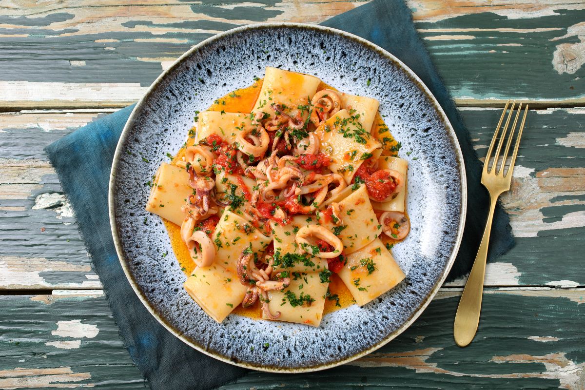 Sughi per pasta fatti in casa: ricette veloci e sane piene di gusto 2 piatto tondo con calamarata, una forchetta e sottopiatto