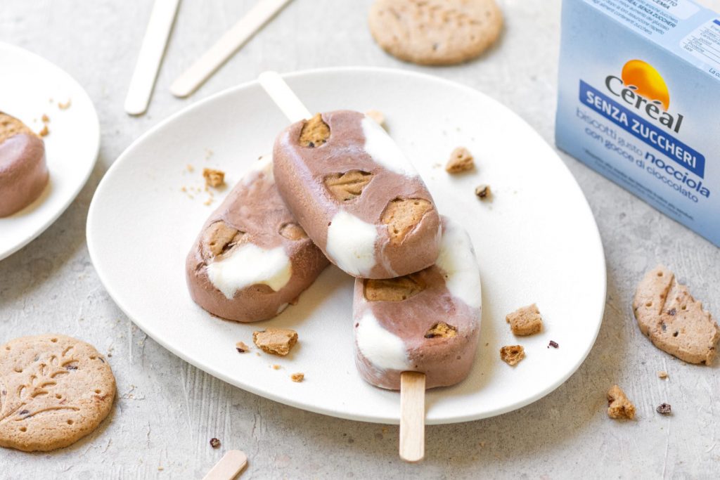 Gelato senza zuccheri aggiunti: ricetta fatta in casa 5 su sfondo bianco, piatto bianco con gelato senza zuccheri aggiunti fatto con i biscotti Céréal senza zuccheri aggiunti. Attorno bastono per gelati e pezzi di biscotti