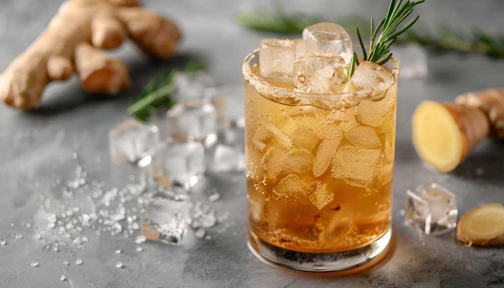 Ricette con lo zenzero: 15 idee per cucinarlo e gustarlo 8 Su tavolo da cucina primo piano di un bicchiere con un ginger ale con ghiaccio e accanto cubetti di ghiaccio, zenzero e erbe aromatiche