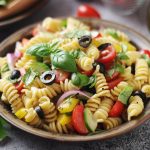 Pasta alla mediterranea: un delizioso primo piatto freddo vegetariano 1 su tavolo da cucina un piatto di pasta alla mediterranea con pomodori, peperoni olive nere e basilico