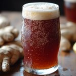 Ginger beer: la ricetta fatta in casa della birra con lo zenzero 1 su tavolo di legno bicchiere con la ginger beer e accanto gli ingredienti per preparare la ricetta a casa: zenzero e limone