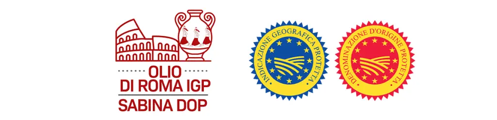 Acidi grassi dell'olio EVO: quali sono, a cosa servono e perché fanno bene 1 Logo Olio di Roma IGP e Sabina DOP con Colosseo, anfora romana e simboli ufficiali IGP e DOP.