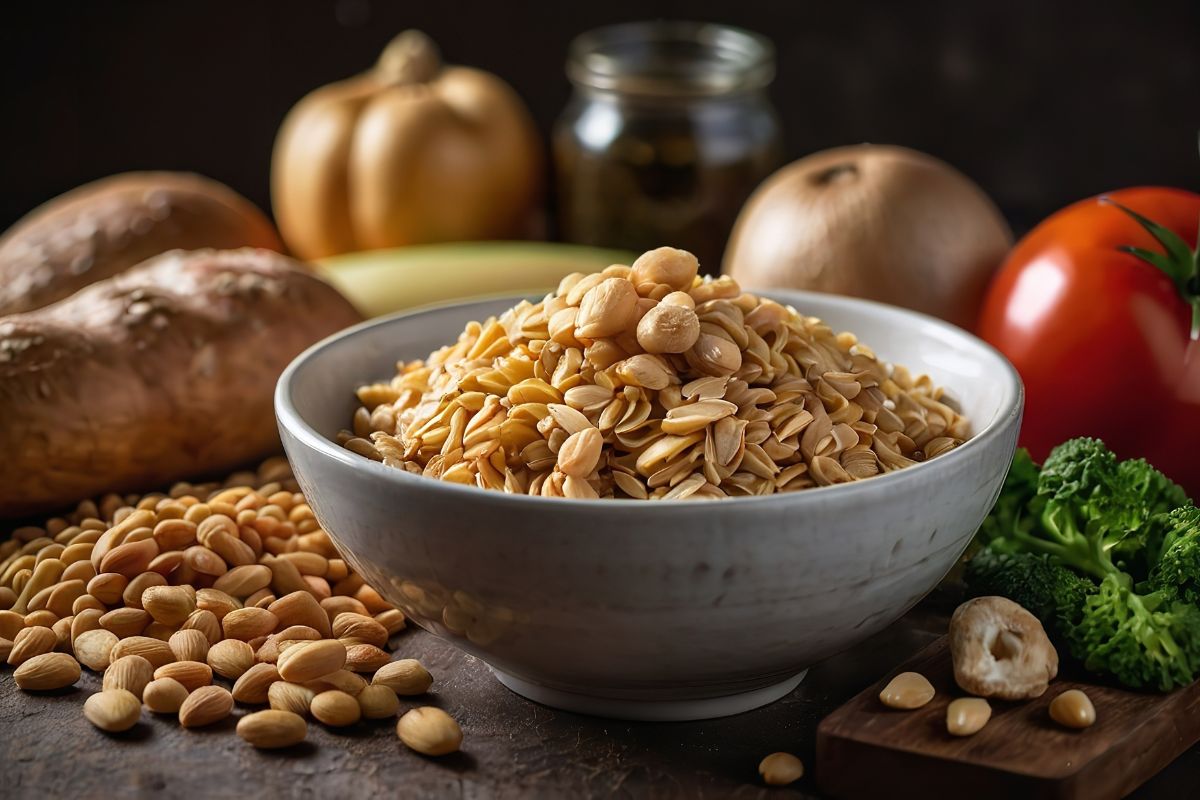 Su un tavolo diversi cibi che contengono carboidrati complessi come pane, pasta, patate e verdure