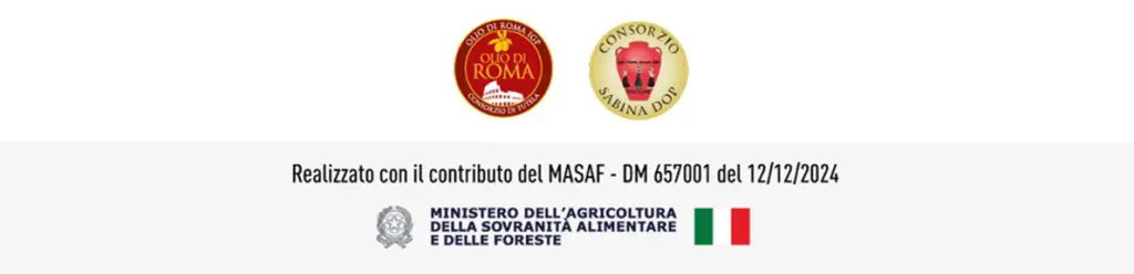 Acidi grassi dell'olio EVO: quali sono, a cosa servono e perché fanno bene 2 Logo Olio di Roma IGP e Sabina DOP con Colosseo, anfora romana e simboli ufficiali IGP e DOP. efooter del ministero dell'agricoltura