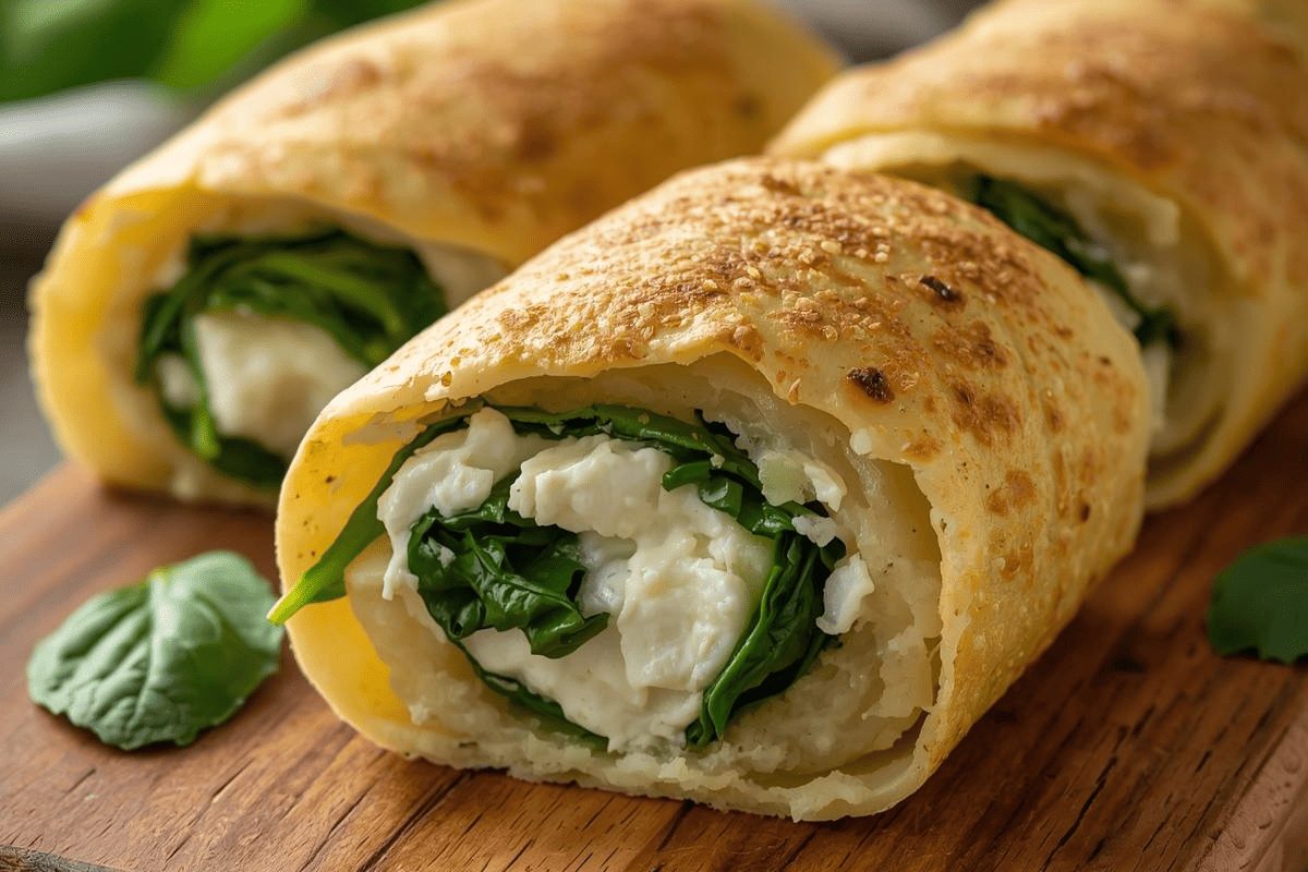 Ricette con le patate: le migliori da provare facilmente a casa 40 In primo piano su un tagliere di legno una metà di un rotolo di patate con un ripieno morbido e cremoso di ricotta e spinaci.