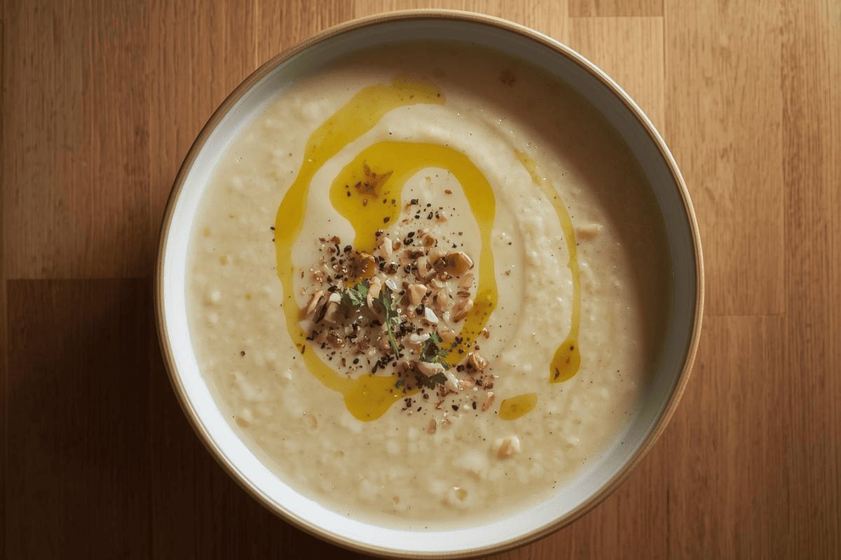 Minestre e zuppe: ricette da gustare quando fa freddo e non solo 25 In primo piano su un tavolo di legno chiaro, una calda minestra di semolino condita con dell'olio, qualche erba aromatica e della frutta secca.