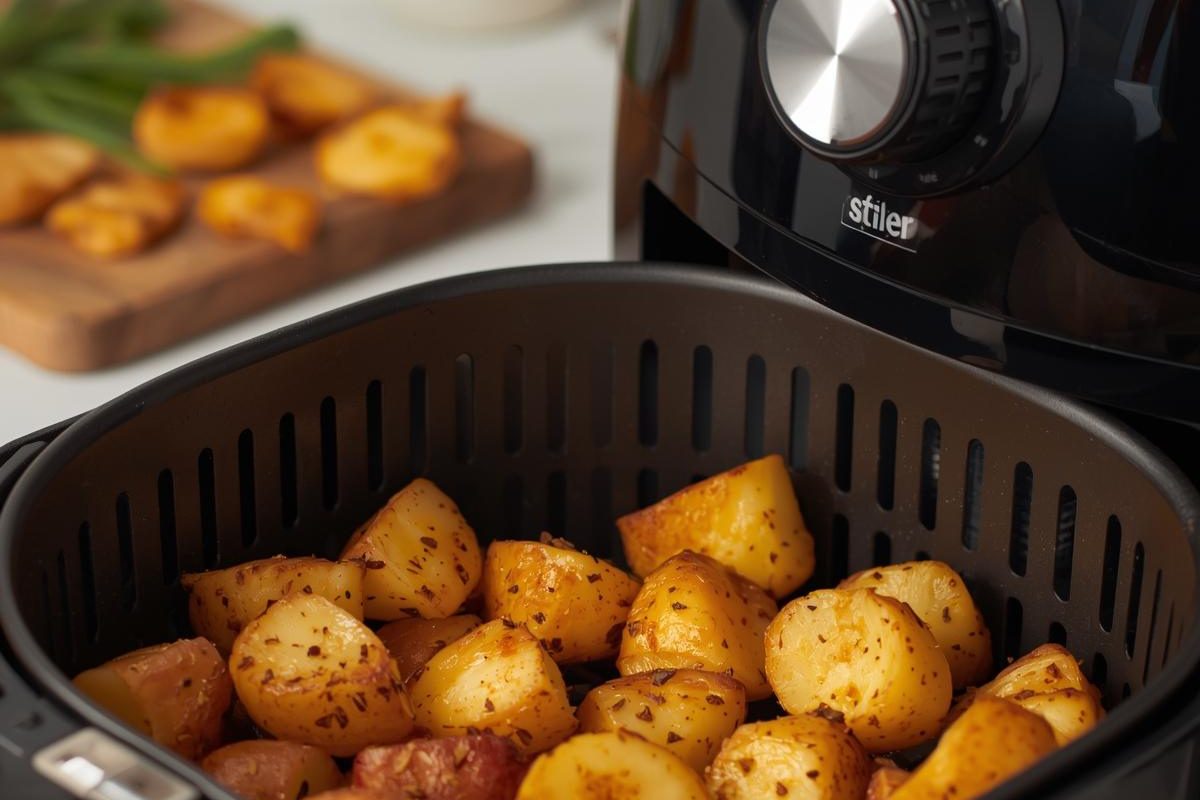 Ricette con le patate: le migliori da provare facilmente a casa 42 cestello della friggitrice ad aria con dentro patate a pezzi dorati e croccanti