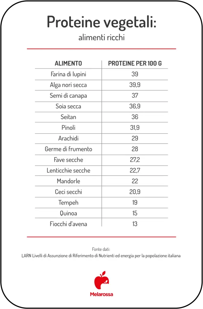 Proteine vegetali: alimenti più ricchi e come inserirli a dieta 1 Infografica sugli alimenti ricchi di proteine vegetali con tabella dei valori proteici per 100 g, tra cui farina di lupini, alga nori, semi di canapa, soia, seitan, lenticchie e quinoa.