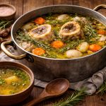 Brodo di ossa: ricetta e video ricetta del superfood ricco di nutrienti 1 su base di legno una pentola con manici piena di brodo di ossa e erbe aromatiche, accanto una scodella di brodo di ossa