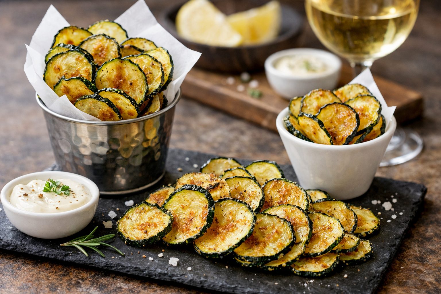Chips fatte in casa: facili, croccanti e sane 1 chips di zucchine servite su vassoio scuro rettangolare e in ciotole, bianca e metallica