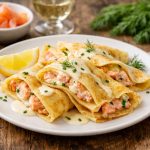 Crespelle al salmone: ricetta cremosa e varianti con salmone fresco e affumicato 1 piatto bianco con alcune crespelle ripiene di salmone uno spicchio di limone, su tavolo di legno apparecchiato