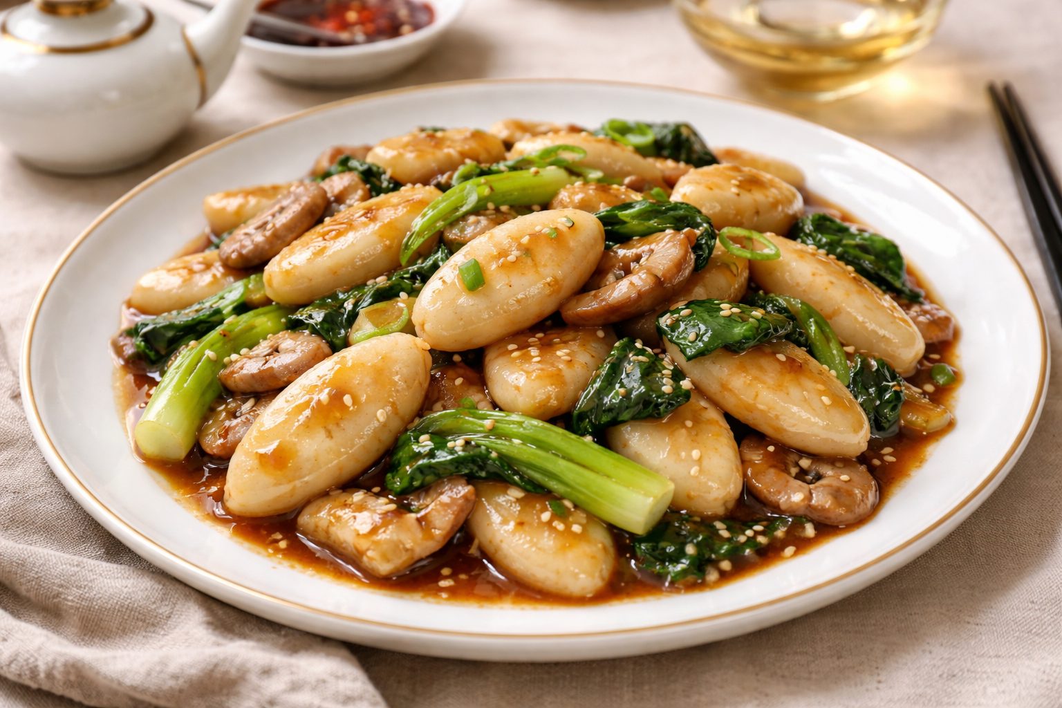 piatto tondo con gnocchi di riso cinesi e verdure