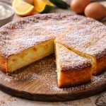 Migliaccio: dolce di Carnevale napoletano con semolino e ricotta 1 su tagliere rotondo di legno il migliaccio napoletano e uno spicchio tagliato