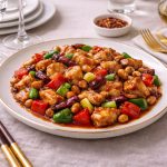 Pollo kung pao: ricetta originale con marinatura e cottura 1 tavola apparecchiata con piatto di pollo kung pao e bacchette cinesi in primo piano