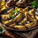 Carciofi in padella: un contorno facile che profuma di primavera 1 su tagliere di legno padella tonda con carciofi in padella e prezzemolo, spicchi di aglio e boccetta di olio