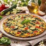 Frittata con verdure: pronta in pochi minuti e super gustosa 1 su tavola rustica piatto tondo con una frittata con verdure