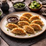 Gyoza: i ravioli giapponesi ripieni 1 tavola apparecchiata all'orientale, al centro un piatto di gyoza con ciotola per la salsa, altre ciotole con alghe e verdura