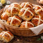Hot cross buns: ricetta facile dei panini dolci inglesi di Pasqua 1 cestino pieno di panini hot cross buns, fiori di primavera intorno