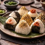 Onigiri: come preparare i triangolini di riso farciti 1 piatto marrone tonfo dove sono serviti 8 onigiri assortiti, ciotole intorno con verdure varie