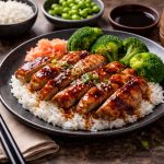 Pollo teriyaki: la ricetta originale giapponese facile da fare a casa 1 su base scura piatto piano nero con riso, broccoli e bastoncini di pollo teriyaki, bacchette nere e ciotole intorno