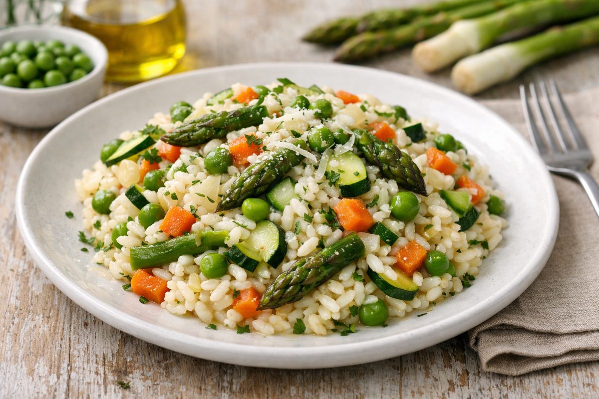 piatto piano bianco pieno di risotto primavera con verdure miste