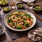 Udon con verdure: ricetta facile e veloce dei noodles giapponesi 1 tavola apparecchiata all'orientale con tante ciotole diverse e al centro un piatto di udon con verdure
