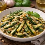 Zucchine in carpione: la ricetta piemontese fritta e variante leggera 1 piatto tondo con le zucchine in carpione, erbe aromatiche e pinoli