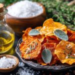 Chips di patate al forno: croccanti, leggere e super sottili 1 piatto con chips di patate e erbe aromatiche, boccetta di olio e ciotola di sale