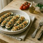 Zucchine ripiene di tonno: croccanti fuori e cremose dentro 1 Primo piano di cinque zucchine ripiene di tonno con croccante panatura dorata e prezzemolo fresco, servite con posate e pomodorini.