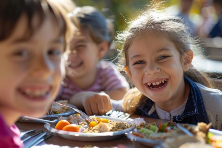 bambini a tavola a scuola che mangiano e ridono